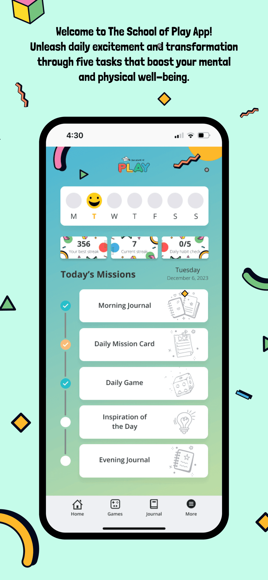 The School of Play app showing today's play mission