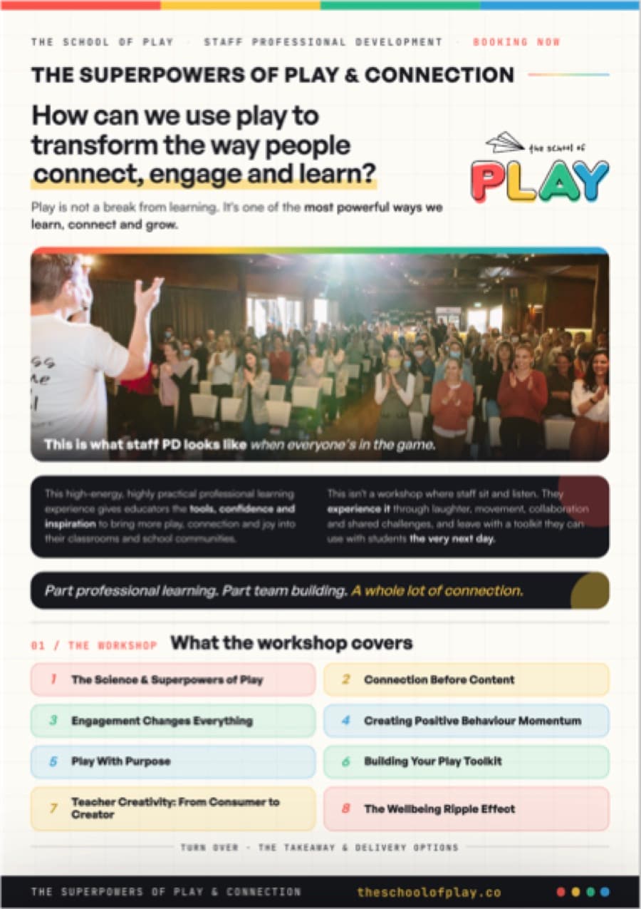 Front page of The Superpowers of Play and Connection staff PD flyer