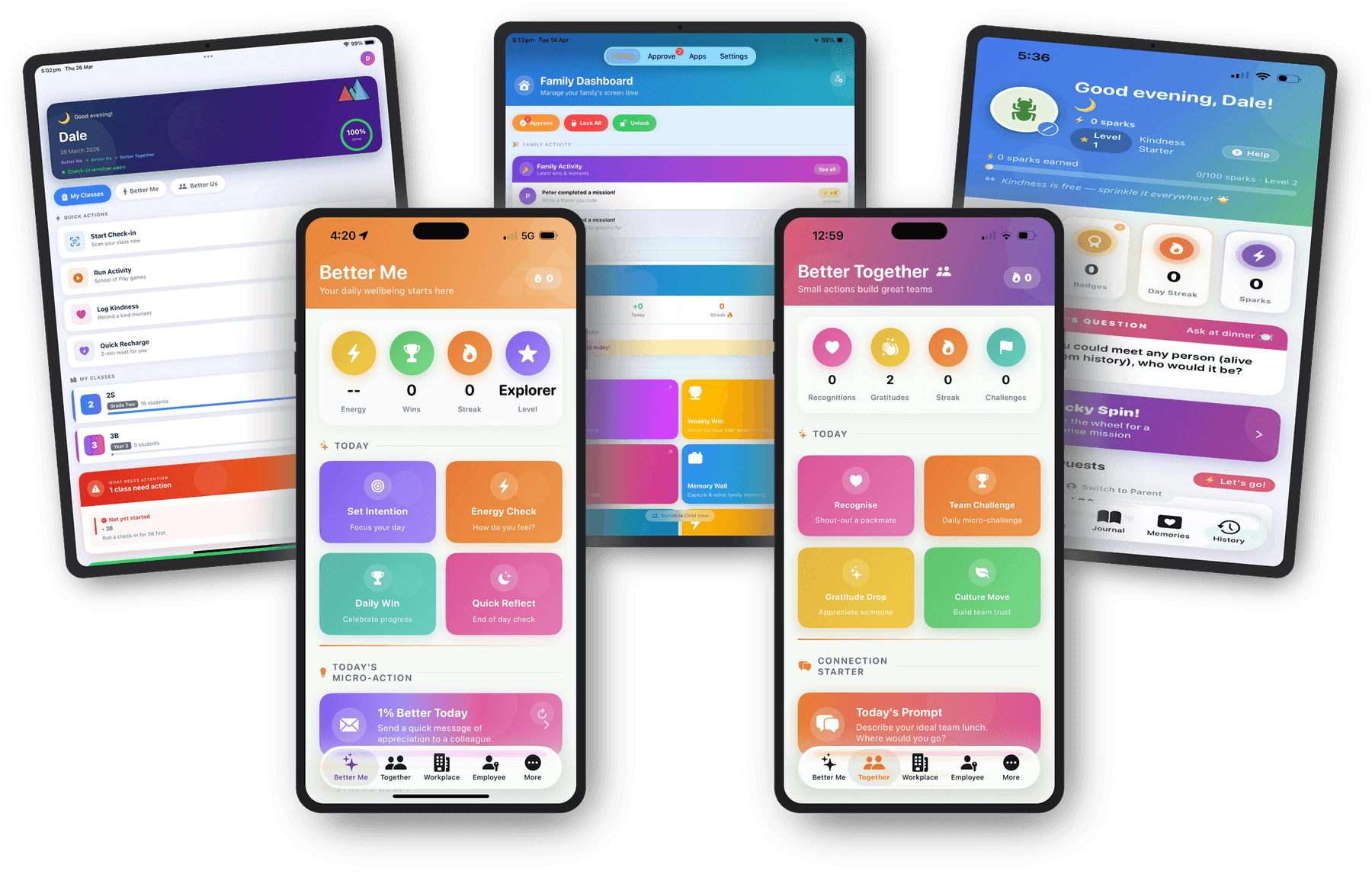 The School of Play and Better Us apps on phones and tablets: a teacher's class dashboard, the Better Me daily wellbeing screen, the family dashboard, Better Together team actions and a student's kindness home screen