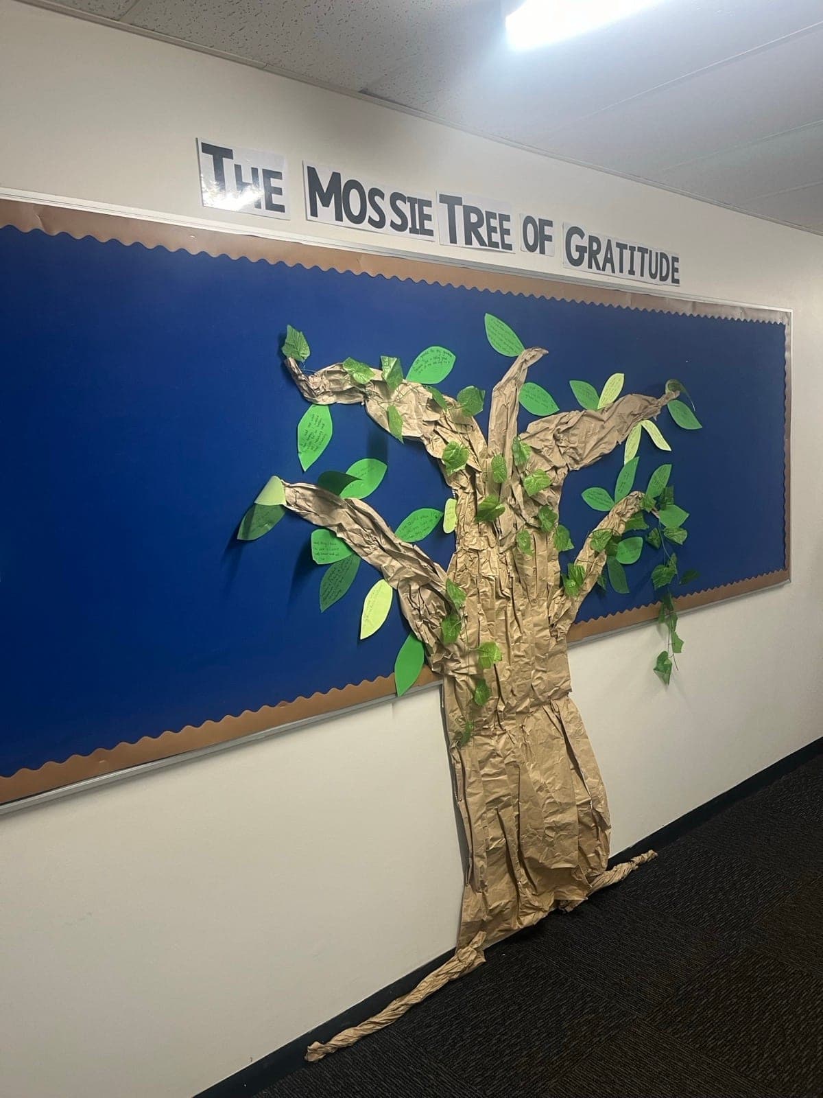 A paper gratitude tree titled The Mossie Tree of Gratitude on a school corridor wall at Mossgiel Park Primary